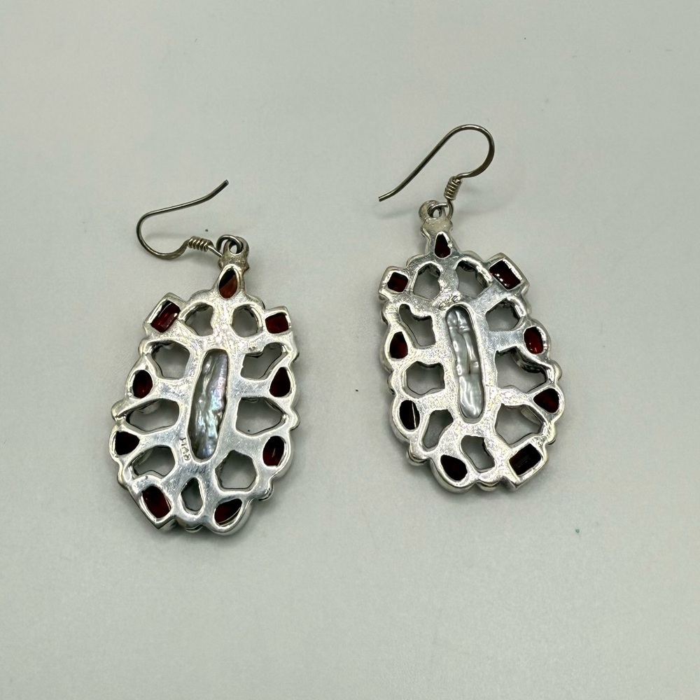Vintage 925 Sterling Silver Garnet & Baroque Pearl Dangle Earrings 19.46g - Picture 3 of 4